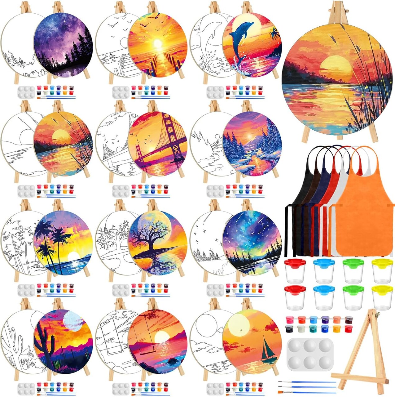 96 Pcs Pre Drawn Canvas Kit for Painting Adults Sip and Paint Kit 5.9 Inch Round Pre Printed Canvas Painting for DIY Birthday Gifts Adult Date Party Favor, Landscape